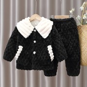 冬季韩版儿童法兰绒女童睡衣加厚夹棉保暖套装亲子装珊瑚绒家居服
