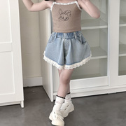 一年级女童夏季韩版甜美蕾丝，花边短裤儿童，洋气宽松牛仔裙裤
