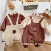 婴儿超萌连体衣-岁冬季韩国童装男宝宝抓绒，假两件小熊爬服