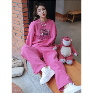 韩版俏皮少女感休闲时尚运动套装女玫粉色卡通圆领卫衣卫衣两件套
