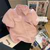 捡漏粉色条纹polo领泡泡袖衬衫女2024夏季法式甜美洋气小个子上衣