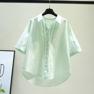 浅绿色设计感褶皱五分袖棉衬衫，女夏季韩小清新文艺，范宽松(范宽松)上衣