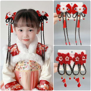 喜庆中国红儿童花朵蝴蝶结假发对夹小女孩新年节庆小公主装扮发饰