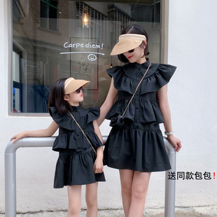 不一样的亲子装裙子韩国儿童，2023夏洋气(夏洋气)时尚母女装小飞袖蛋糕裙潮