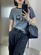 灰色短袖t恤女2024夏季韩版爱心猫咪印花撞色圆领短款小上衣