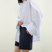 杲果gaoguo日本进口蓝白细条纹自然压皱立领，轻薄纯棉衬衫防晒衫