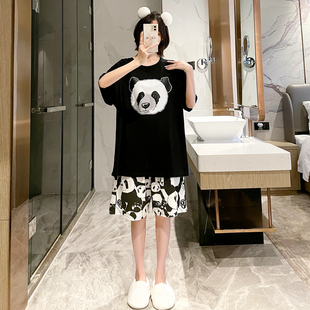 韩版短袖短裤睡衣女夏天薄款纯棉熊猫宽松加大码200斤家居服套装