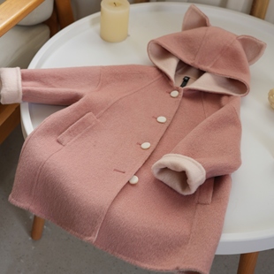 粉色狐狸100%双面羊毛大衣，2023女童可爱毛呢，秋冬中长款外套