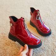 女童红色短靴秋冬季加绒圆头皮靴英伦风平跟侧拉炼公主小女孩靴子