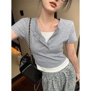 A7seven短袖t恤女春季休闲设计感修身显瘦假两件半门襟针织衫上衣