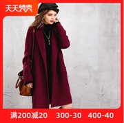 冬季复古简约西装，领毛领毛呢外套，宽松长袖呢大衣女中长款红色