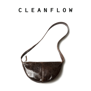 cleanflow玳瑁色龟裂纹油蜡头层，牛皮半圆新月单肩斜挎包女