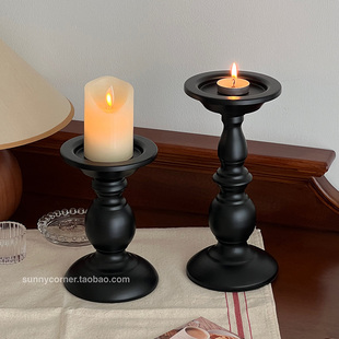 美式复古黑色铁艺烛台餐桌氛围感装饰摆件香薰蜡烛台座罗马柱烛台