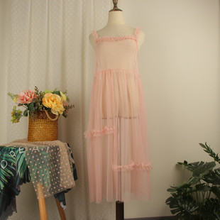 荷叶边薄纱网纱吊带连衣裙设计感小众中长款粉色温柔甜美单层罩裙