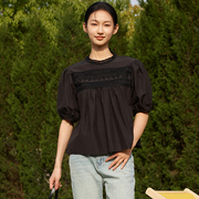 indicia 黑色蕾丝上衣短袖T恤衬衫宽松薄款2023夏季标记女装