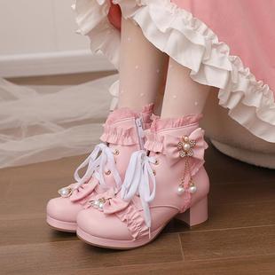 粉色甜美洛丽塔公主马丁靴，少女系带冬季加绒短靴，学生高跟靴子春秋