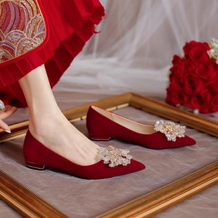 秀禾婚纱两穿鞋低跟结婚鞋女2022年平底粗跟红色鞋新娘鞋孕妇