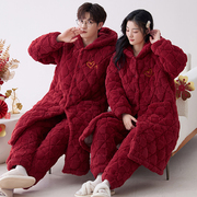 浪莎新婚情侣睡袍冬季三层超厚珊瑚绒夹棉红色本命年家居服两件套