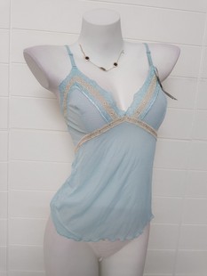 品牌女浅湖蓝法式刺绣蕾丝网，纱透视透明性感情趣款吊带背心内衣