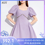 aui紫色名媛气质方领连衣裙女2024夏设计(夏设计)感灯笼袖修身中长裙