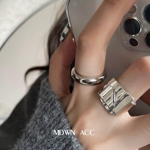 日韩S925银个性宽边戒指女复古时尚重工几何波浪开口指环食指戒潮