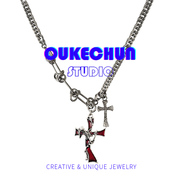 oukechun红色双十字架项链，女小众设计ins嘻哈，甜酷轻奢毛衣链配饰