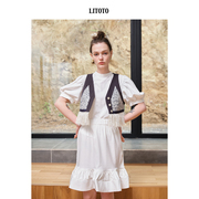 Litoto 夏季白色立领泡泡袖短袖上衣袖部褶皱圆领短袖上衣女