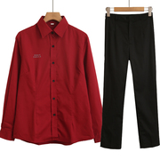 美国加州牛肉面大王职业装酒红衬衫，女长袖套装大码正装工作服衬衣