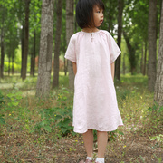 女童睡裙F2123夏季薄款纯亚麻短袖连衣裙棉麻粉色公主睡衣家居服