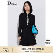idpan通勤女装时尚，黑白花型领带黑色，长袖衬衣高端衬衫