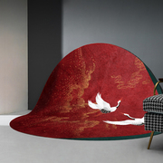 新中式圆形地毯中国风客厅卧室，圆毯红色仙鹤时尚，国风茶几垫床边毯
