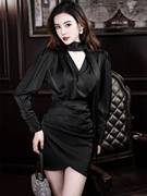 欧美风黑色缎面衬衫连衣裙高级感气质小众设计飘带显瘦小礼服甜辣