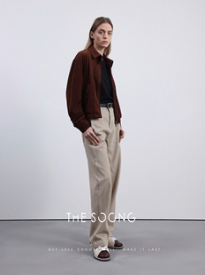 thesoong砂洗裤春季女士，纯棉中腰垂感牛仔裤，修身直筒长裤