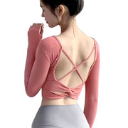 瑜伽长袖T恤女带胸垫上衣后背交叉性感扭结透气修身运动健身长袖