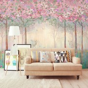 网红樱花树壁纸北欧森林系，粉色树林墙布植物少女，卧室床头背景墙纸