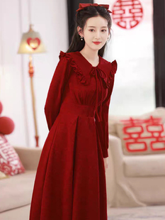 2024年春季新娘敬酒服宴会礼服平时可穿在逃公主红色娃娃领连衣裙