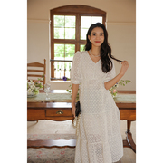 竹依依时尚法式米白色，蕾丝泡泡袖连衣裙，甜美短袖娃娃裙夏季女