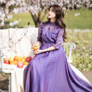雪纺连衣裙女春夏2021气质，紫色长裙立领，绣花裙纱裙仙