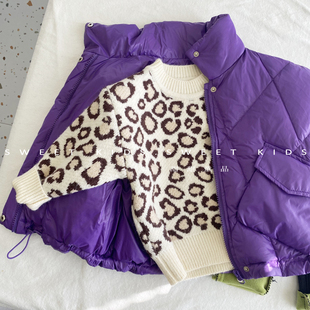 男童韩版豹纹毛衣儿童2021冬季女童洋气套头针织衫紫色羽绒服