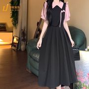 大码女装夏季法式撞色拼接假两件套连衣裙学院风减龄甜美中长裙子