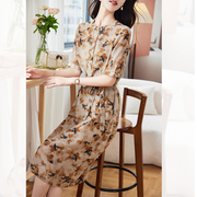 杭州真丝连衣裙女半袖2024年夏季时尚印花品牌，高端桑蚕丝裙子