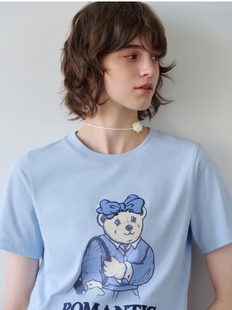 txxenie小熊女装2024春装，手绘风图案合体圆领，短袖t恤衫ttrw24