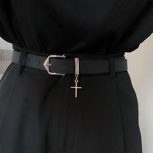 皮带女高街设计感十字架装饰牛仔，裤带百搭潮流个性学生男黑色皮带