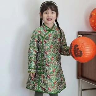 绿色提花拼色改良长袖旗袍 女童复古中式连衣裙 新中式拜年服礼服