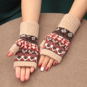 客单风日本羊毛半指手套学生写字露指复古花文艺女冬保暖手套袖套