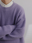 秋冬季套头圆领紫色毛衣男宽松针织衫加厚 打底衫ins潮流线衣外套