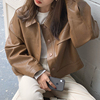 韩国chic秋季小众帅气翻领，单排扣宽松休闲长袖机车服皮衣短外套女