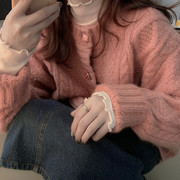 秋冬网红粉色羊毛针织开衫宽松厚慵懒学生t恤休闲软毛衣少女外套