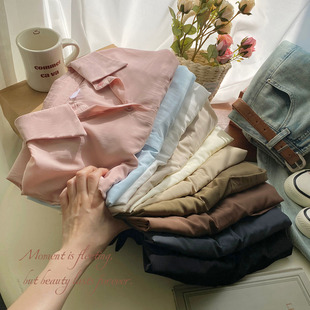 法式粉蓝色净版舒适简约衬衫女早春休闲气质，百搭叠穿衬衣宽松上衣