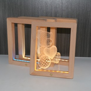 实木相框创意摆件diy木质led相框，卧室发光相框，3d小夜灯榉木照片框